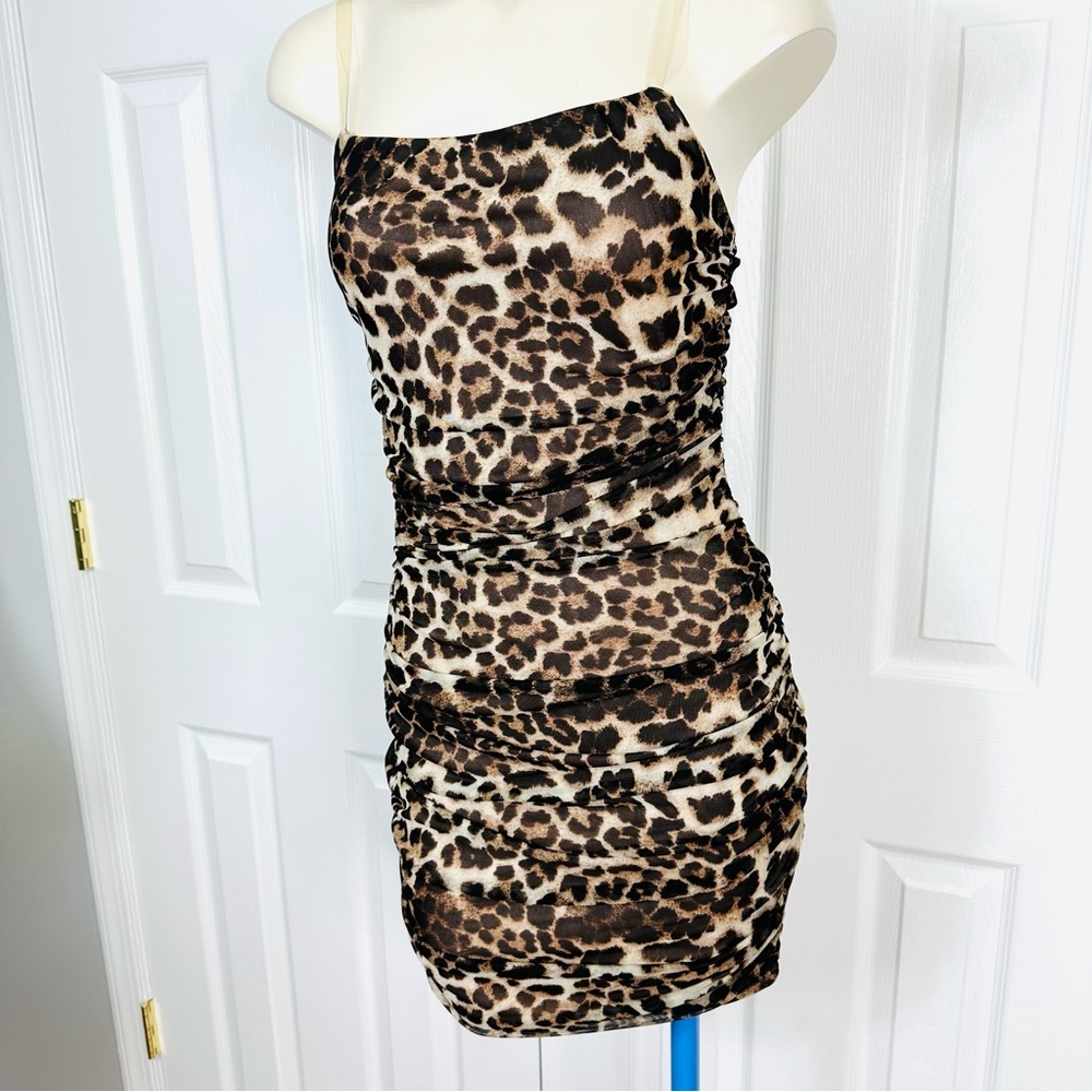 DAY & NIGHT leopard print mini dress clear shoulder straps fabric black tan S - Picture 4 of 9